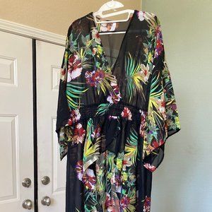 Sheer tropical floral high-low blouse with kimono sleeves